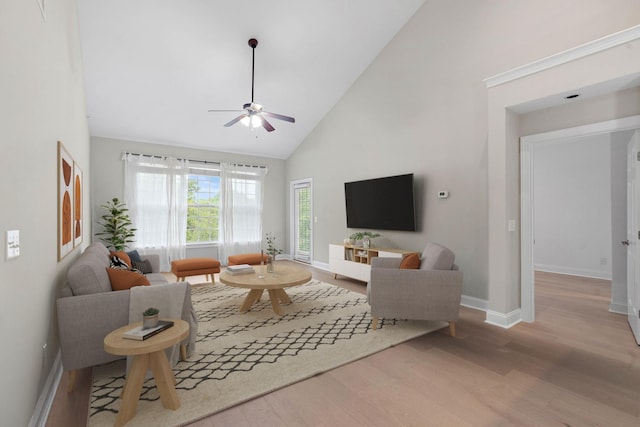 3201 Aspen Grove Dr Unit L8, Franklin, TN 37067 - living area featuring baseboards, high vaulted ceiling, ceiling fan, and wood finished floors