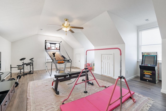 1883 Sawgrass Ln, Chapel Hill, TN 37034 - workout area featuring wood finished floors, baseboards, visible vents, a ceiling fan, and lofted ceiling