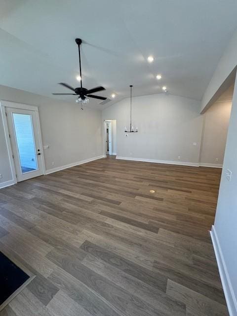 5738 Lennis Ln, Murfreesboro, TN 37129 - unfurnished living room featuring a ceiling fan, dark wood-style floors, lofted ceiling, and recessed lighting