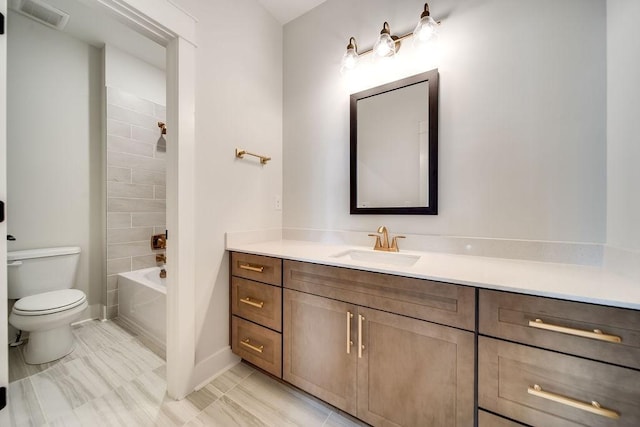 full bathroom featuring vanity, toilet, baseboards,  shower combination, and visible vents