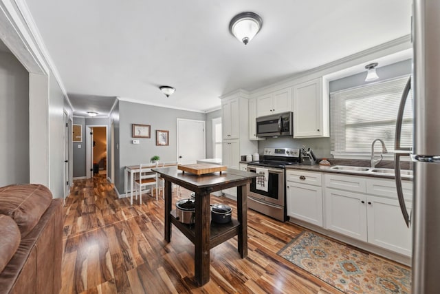 102 Lakeside Dr, Columbia, TN 38401 - kitchen with crown molding, dark countertops, appliances with stainless steel finishes, a sink, and dark wood-style floors
