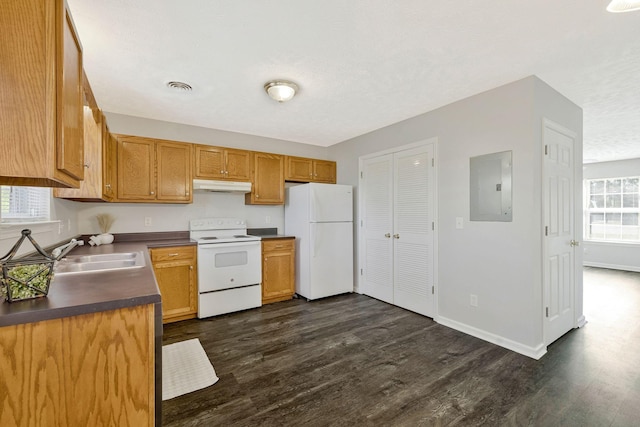 kitchen with a sink, under cabinet range hood, electric panel, white appliances, and dark countertops
