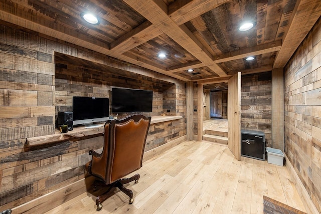 office featuring wood ceiling, light wood-style flooring, wood walls, coffered ceiling, and beam ceiling