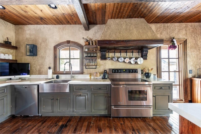 kitchen with gray cabinets, wooden ceiling, plenty of natural light, stainless steel appliances, and a sink