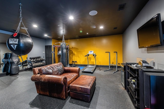 cinema room featuring carpet, visible vents, and recessed lighting
