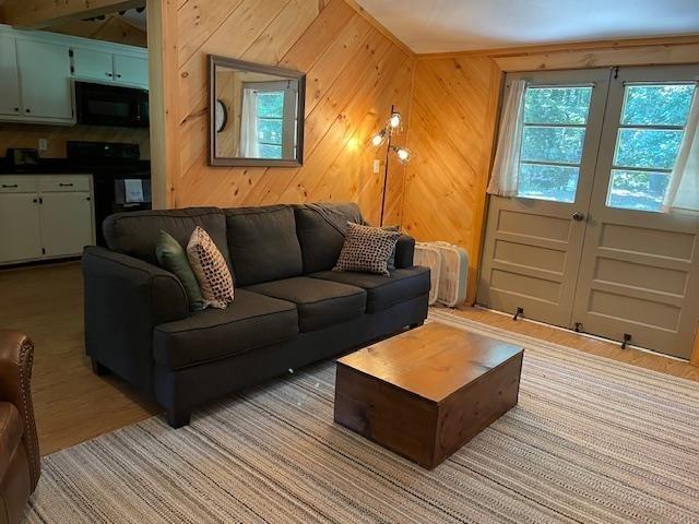living room with wooden walls, light wood-style floors, and plenty of natural light