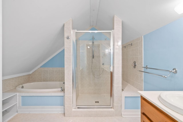 1331 Hutcheson Ln, Clarksville, TN 37040 - full bathroom featuring vanity, a garden tub, a shower stall, and vaulted ceiling