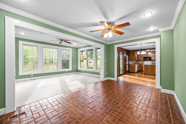 1331 Hutcheson Ln, Clarksville, TN 37040 - unfurnished living room featuring visible vents, brick floor, ceiling fan, and baseboards
