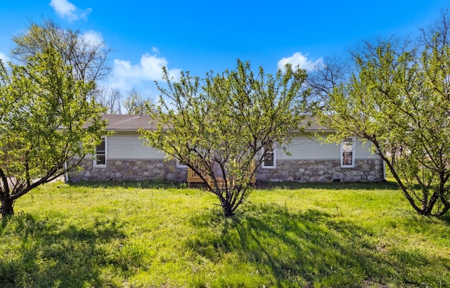 view of home's exterior featuring a yard and stone siding
