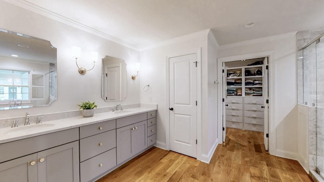bathroom with a walk in closet, wood finished floors, a shower stall, and a sink
