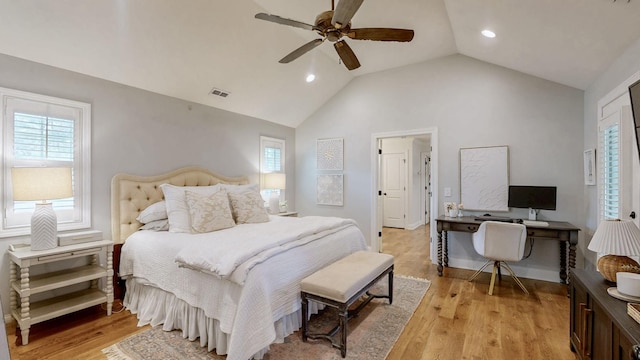 bedroom featuring recessed lighting, ceiling fan, high vaulted ceiling, visible vents, and light wood-style flooring