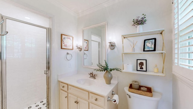 bathroom featuring a stall shower, toilet, ornamental molding, and vanity