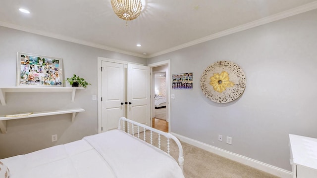 bedroom featuring crown molding, baseboards, recessed lighting, and carpet floors