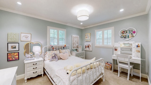 bedroom with crown molding, recessed lighting, and light carpet