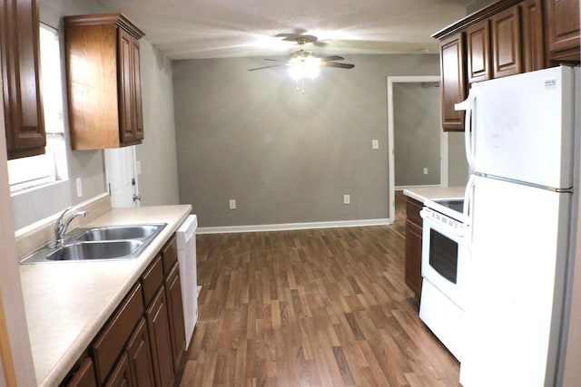 kitchen with dark wood-style flooring, white appliances, a ceiling fan, and a sink