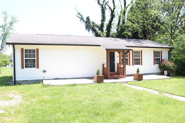 ranch-style house with a front yard and crawl space