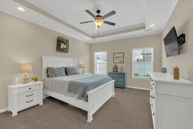 bedroom featuring crown molding, recessed lighting, baseboards, and carpet floors