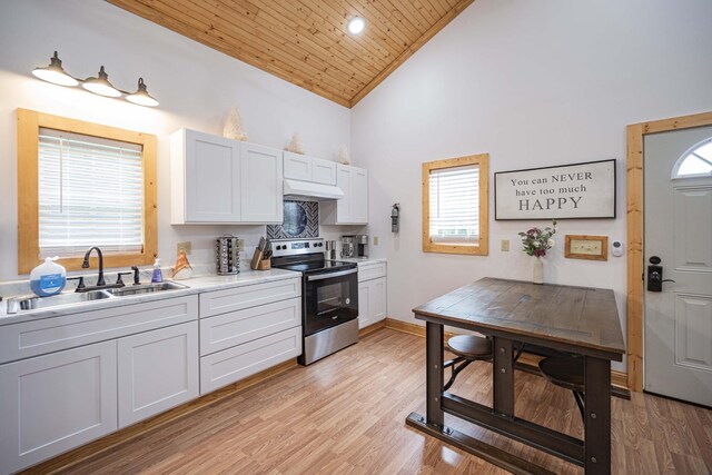 2281 Jefferson Rd, Smithville, TN 37166 - kitchen with a sink, under cabinet range hood, high vaulted ceiling, light countertops, and stainless steel electric stove