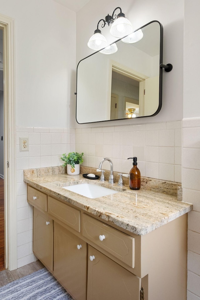 93 Hilltop Dr, Columbia, TN 38401 - bathroom featuring tile walls, wood finished floors, and vanity