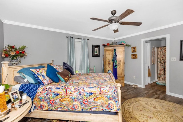 bedroom featuring ornamental molding, ceiling fan, wood finished floors, and baseboards