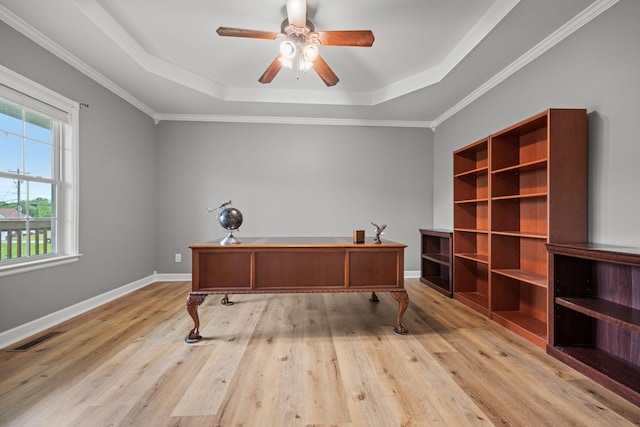 830 Blakemore Rd, Dickson, TN 37055 - office with a ceiling fan, visible vents, a raised ceiling, baseboards, and light wood-style flooring