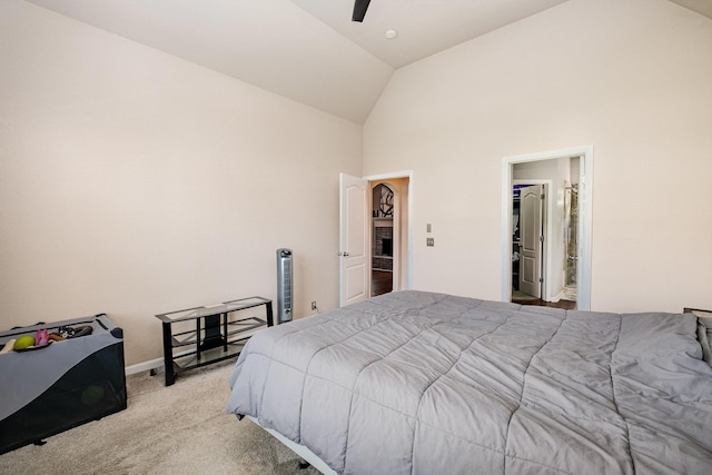 bedroom with baseboards, carpet, ceiling fan, and high vaulted ceiling