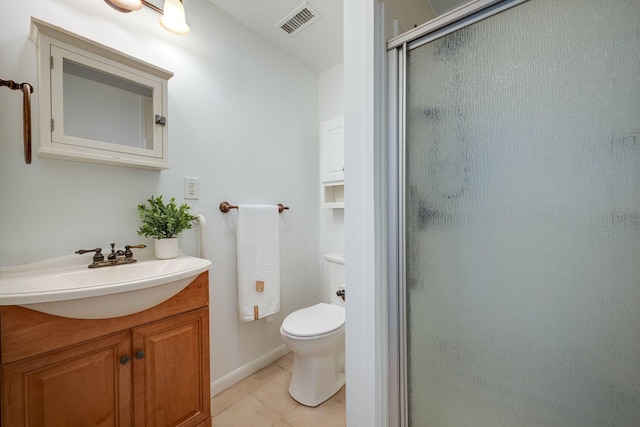 bathroom with a shower stall, visible vents, toilet, tile patterned floors, and vanity