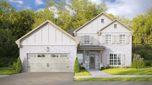 view of front of home featuring brick siding, board and batten siding, concrete driveway, and an attached garage
