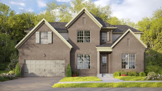 traditional home featuring an attached garage, aphalt driveway, a shingled roof, and brick siding