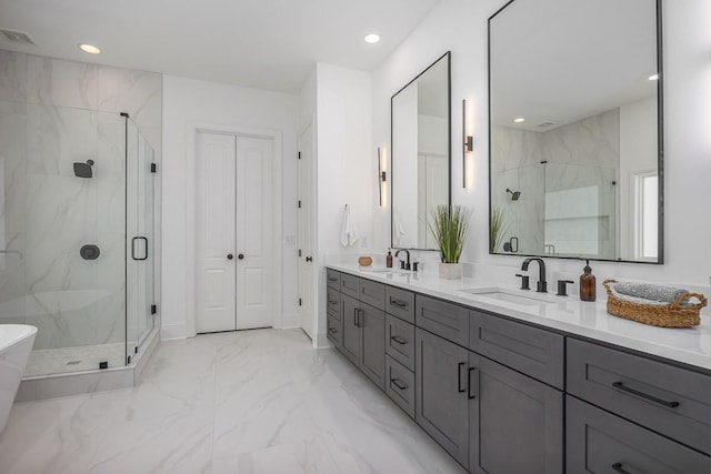 9710 Onyx Ln, Brentwood, TN 37027 - full bathroom featuring double vanity, a sink, marble finish floor, and a stall shower