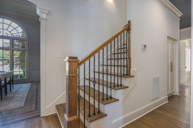 9710 Onyx Ln, Brentwood, TN 37027 - stairs with visible vents, ornamental molding, wood finished floors, and a wealth of natural light