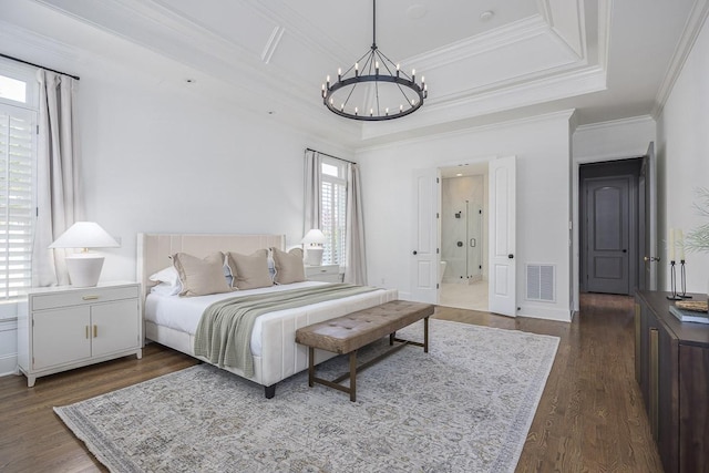 9710 Onyx Ln, Brentwood, TN 37027 - bedroom with crown molding, an inviting chandelier, a tray ceiling, visible vents, and dark wood-style floors