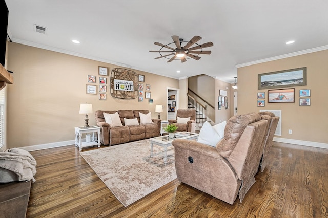 living room with baseboards, dark wood-style flooring, and ceiling fan