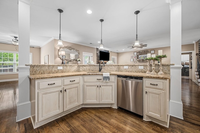 kitchen with stainless steel dishwasher, open floor plan, ceiling fan, dark wood-style floors, and a sink