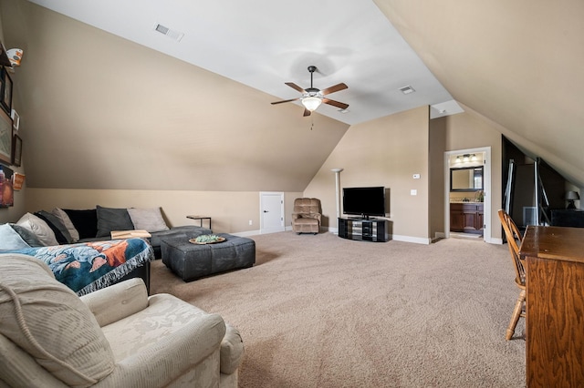 living room with baseboards, carpet flooring, a ceiling fan, and visible vents
