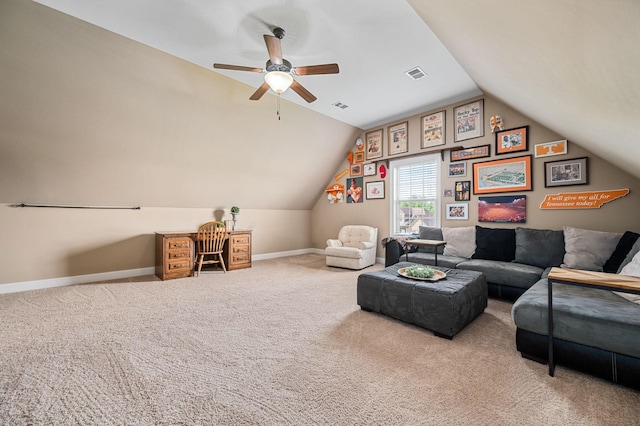 carpeted living room featuring vaulted ceiling, baseboards, a ceiling fan, and visible vents