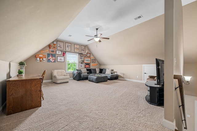 interior space with visible vents, baseboards, carpet floors, and ceiling fan