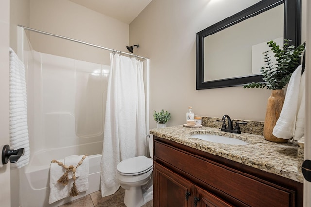 bathroom featuring vanity, shower / tub combo, tile patterned flooring, and toilet