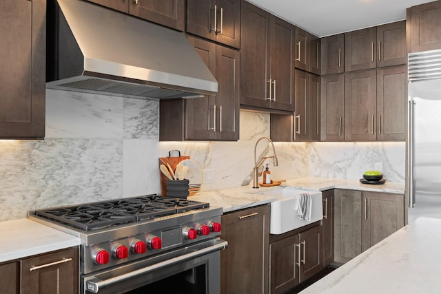kitchen featuring a sink, backsplash, under cabinet range hood, and high quality appliances