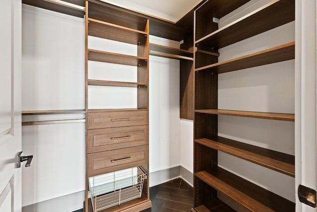 walk in closet with dark wood-type flooring