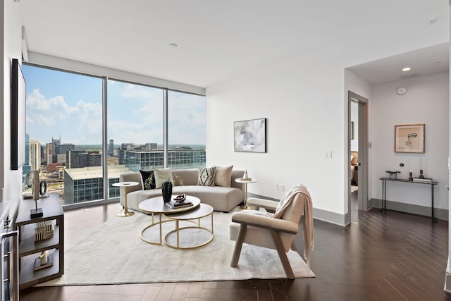 living room with visible vents, a view of city, baseboards, wood finished floors, and floor to ceiling windows
