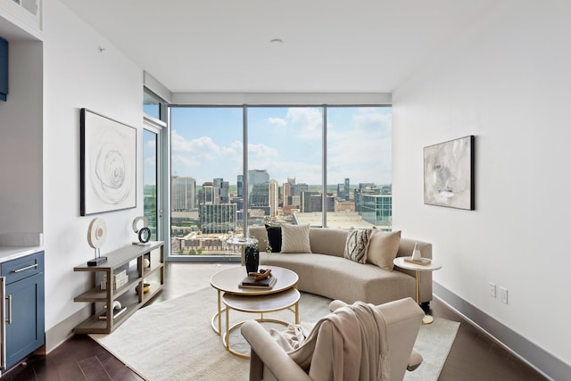 living room featuring expansive windows, baseboards, dark wood-style floors, and a city view