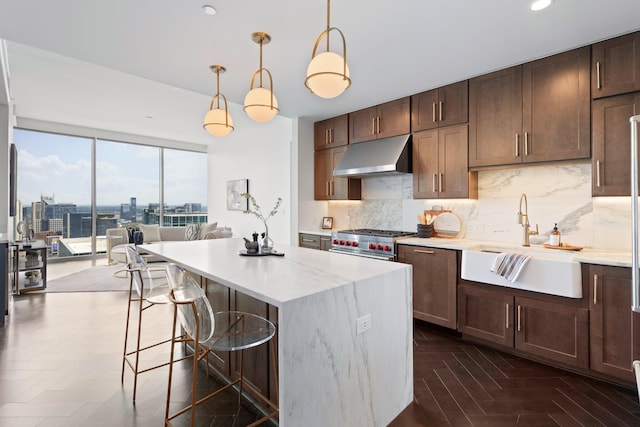 kitchen with tasteful backsplash, a sink, light countertops, a breakfast bar, and under cabinet range hood