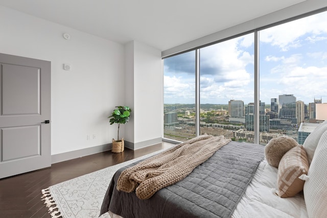 bedroom featuring access to outside, expansive windows, baseboards, wood finished floors, and a city view