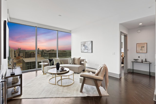 living area featuring baseboards, wood finished floors, and a wall of windows