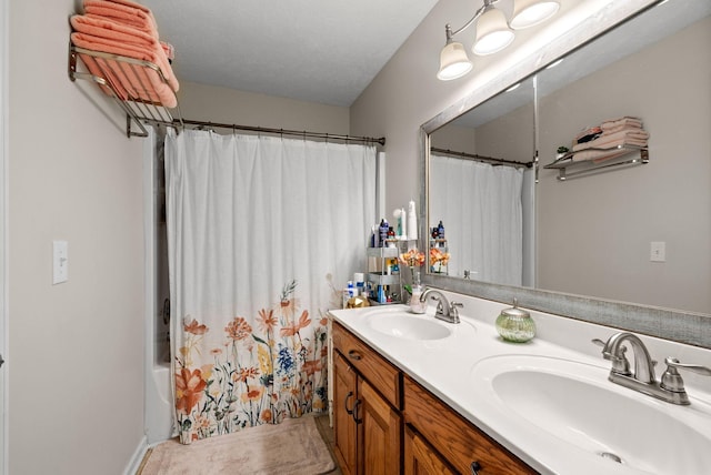 204 Commanche Dr, Hohenwald, TN 38462 - bathroom featuring double vanity, a sink, and shower / bathtub combination with curtain