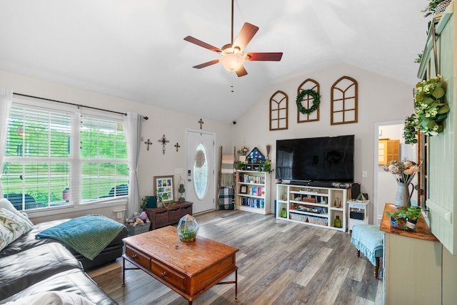 204 Commanche Dr, Hohenwald, TN 38462 - living room with ceiling fan, wood finished floors, and lofted ceiling