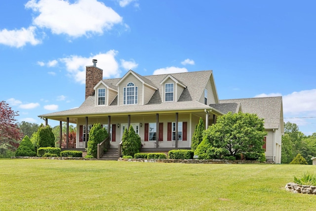 farmhouse-style home with a chimney, a front lawn, covered porch, and a shingled roof