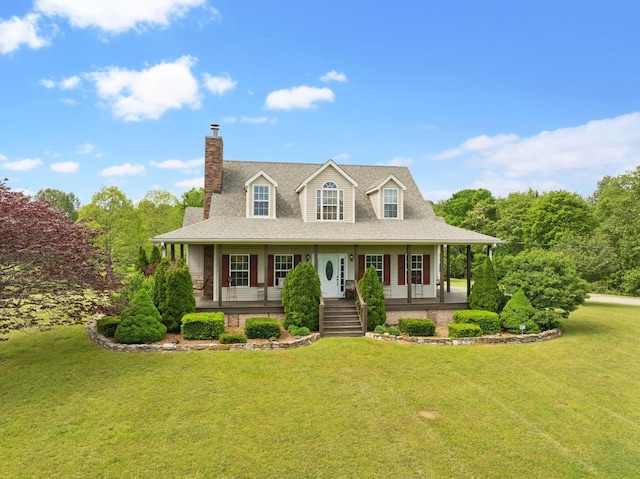 view of front of home featuring a chimney, a porch, a shingled roof, and a front lawn