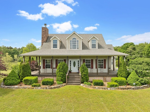farmhouse-style home with covered porch, a shingled roof, and a front lawn